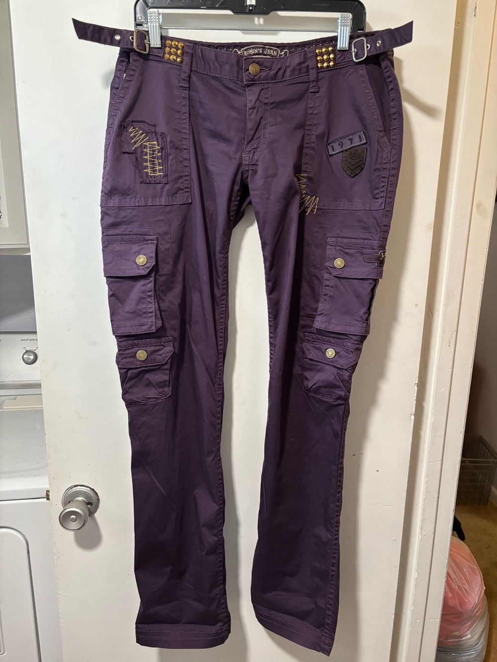 Robin's Jeans Air Force Purple Straight Wings Gold Studded Cargo Y2K Pants Sz 32